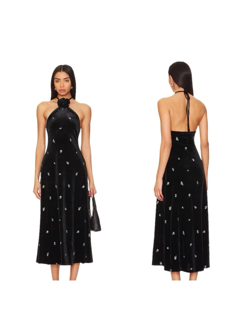 WeWoreWhat Black Velvet Backless Halter Midi Dress with Embroidered Accent